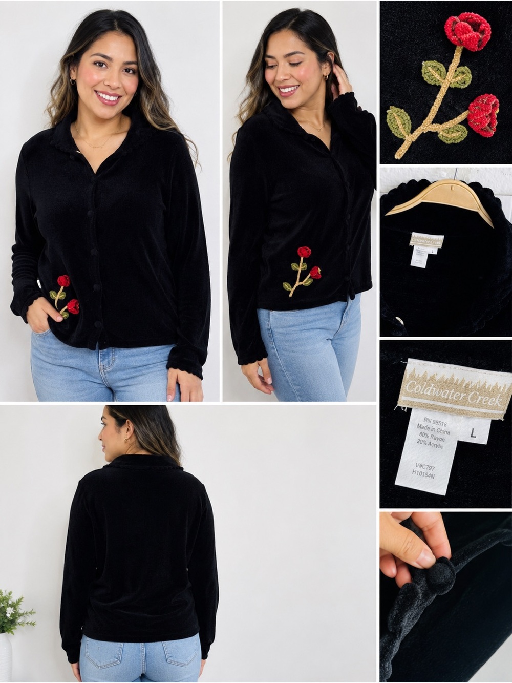 Coldwater Creek Black Velvet Button-Front Top with Red Rose Embroidery